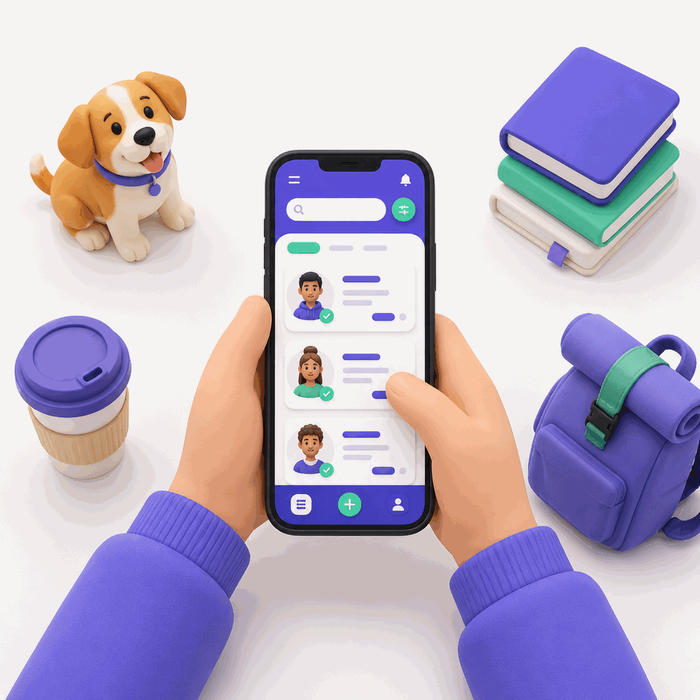 A student holding a phone with the sidequest app, surrounded by a dog, books, coffee and a backpack